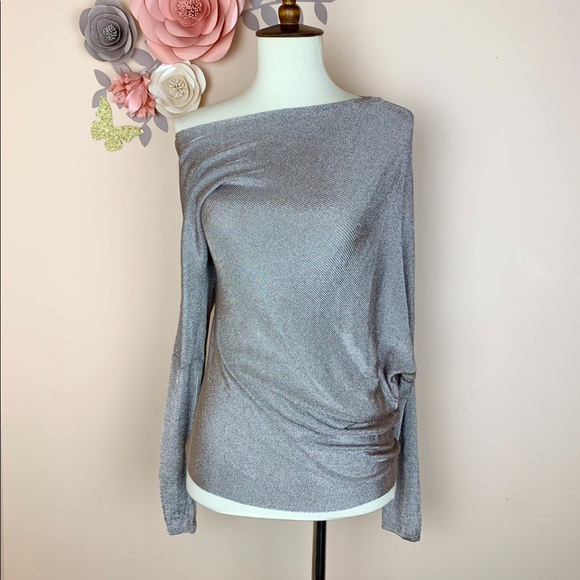 New! REISS Isla Metallic Knit One Shoulder Top - Picture 4 of 12